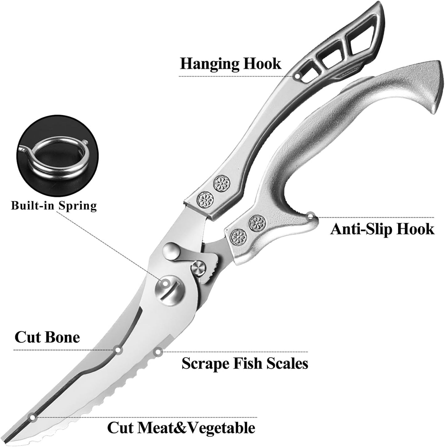 Zicolu Poultry Shears Heavy Duty Professional, Multipurpose Kitchen Shears with Sheath, Spring-Loaded Stainless Steel Chef Scissors Cutting Bone, Chicken, Fish, Food, Meat, Full Steel Handle Silver