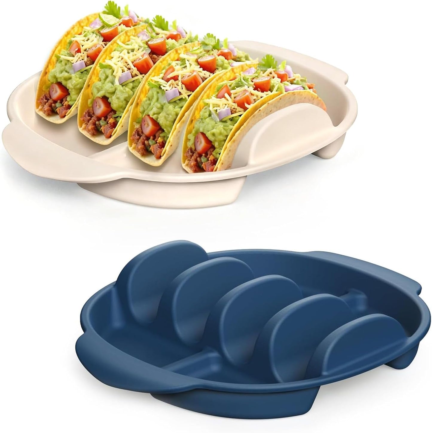 Silicone Taco Holders Set of 2, Reusable Taco Plates with 4-Shell Slots, Tacos Rack Holder Stands with Handle for Tortillas Party Serving, Family Dinner & Meal Prep Accessories(Dark Blue + White)