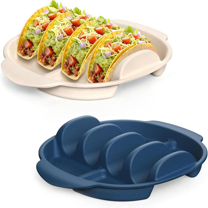 Silicone Taco Holders Set of 2, Reusable Taco Plates with 4-Shell Slots, Tacos Rack Holder Stands with Handle for Tortillas Party Serving, Family Dinner & Meal Prep Accessories(Dark Blue + White)