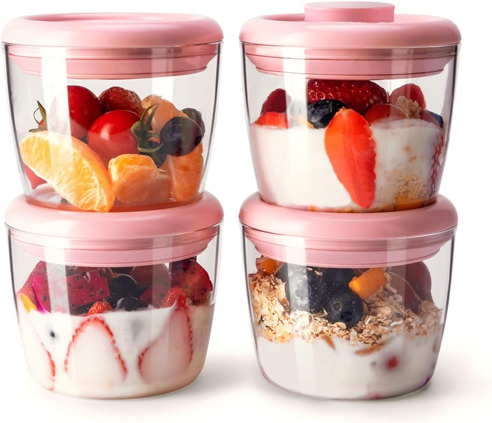 Ankou Airtight Container Set - (380ml 4 Pcs) Stackable One Button Openning Food Containers for Snacks Candy Salt Herbs Spices BPA-Free Tranparent (0.32 QT * 4)