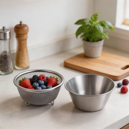 2 Pcs Mini Colander with Small Mixing Strainer Bowl 304 Stainless Steel Berry Basket for Washing Fruits, Vegetables, Rice - Dishwasher-Safe Kitchen Strainer (Silver, 5.51 x 2.36 inches)