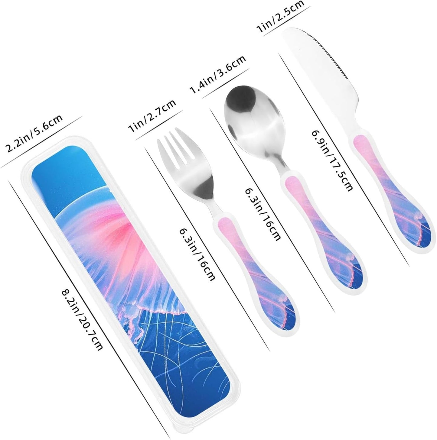 3-Piece Kids Silverware Set With Storage Case, Stainless Steel Reusable Children Safe Knife Spoon Fork Set Dreamy Jellyfish Print Children Flatware Set For Kids Lunch Box