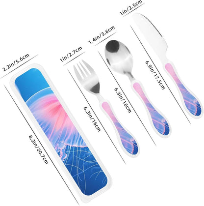 3-Piece Kids Silverware Set With Storage Case, Stainless Steel Reusable Children Safe Knife Spoon Fork Set Dreamy Jellyfish Print Children Flatware Set For Kids Lunch Box