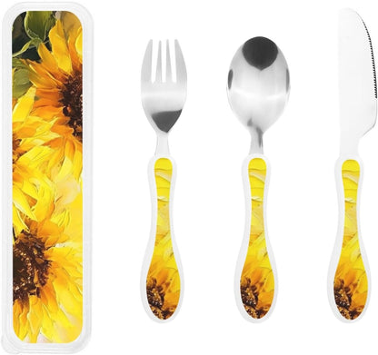3-Piece Kids Silverware Set With Storage Case, Stainless Steel Reusable Children Safe Knife Spoon Fork Set Yellow Sunflowers Children Flatware Set For Kids Lunch Box