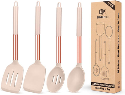 Pack of 4 Silicone Cooking Utensils Set, Non Stick Large Solid Spatulas, Heat Resistant Black Slotted Spoons, Ideal BPA Free Kitchen Turners for Frying, Mixing,Serving,Draining,Turning,Stirring