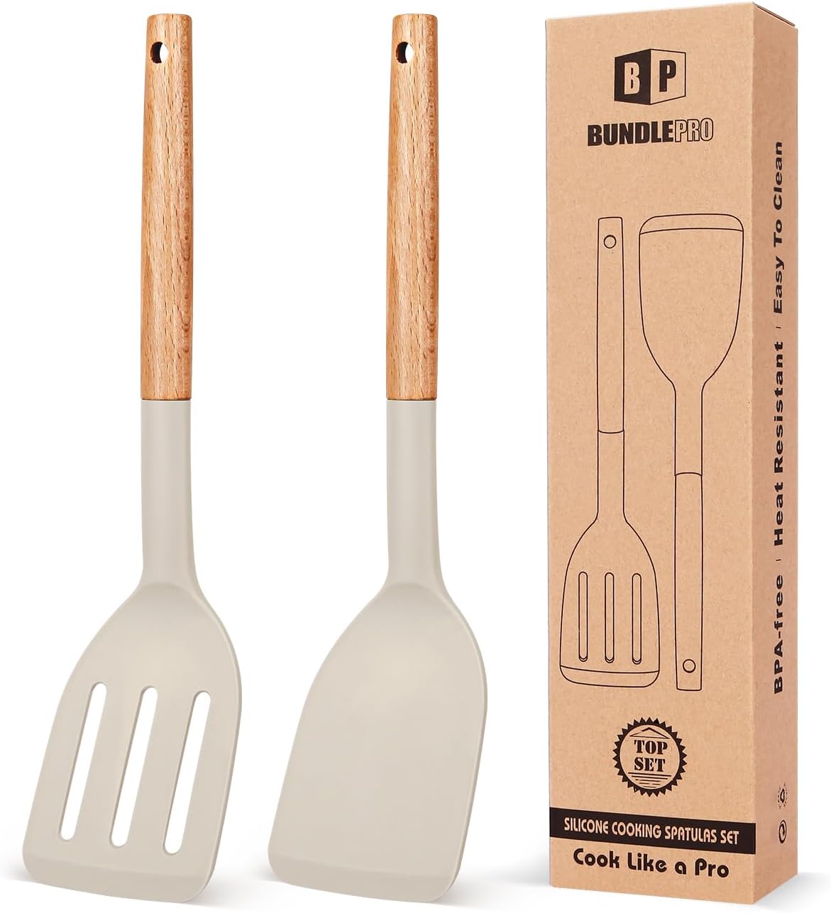 BUNDLEPRO Silicone Spatula, Solid & Slotted Turner, BPA-Free, 2 Pack, Black