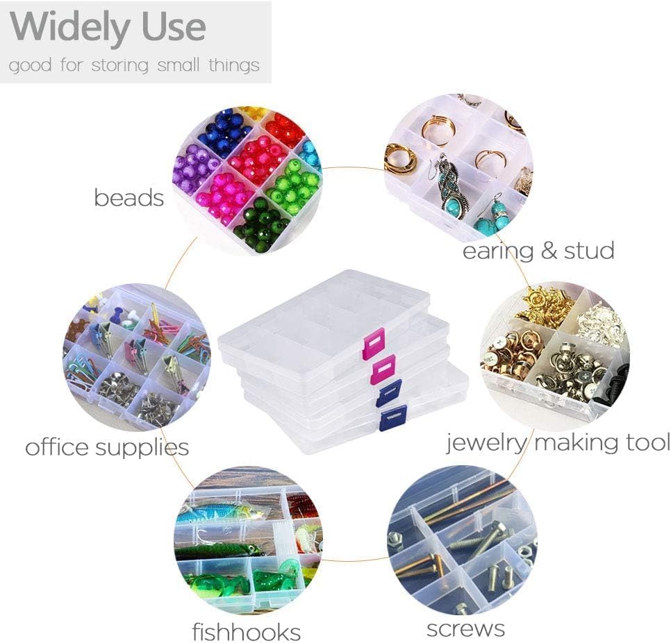 Opret 15 Grids Bead Organizer(4 Pack), Earring Organizer Box, SMALL Plastic Clear Organizing Containers with Adjustable Dividers for Crafts Jewelry Screws Small Items, Size 6.9×3.9×0.9in