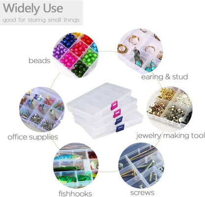 Opret 15 Grids Bead Organizer(4 Pack), Earring Organizer Box, SMALL Plastic Clear Organizing Containers with Adjustable Dividers for Crafts Jewelry Screws Small Items, Size 6.9×3.9×0.9in