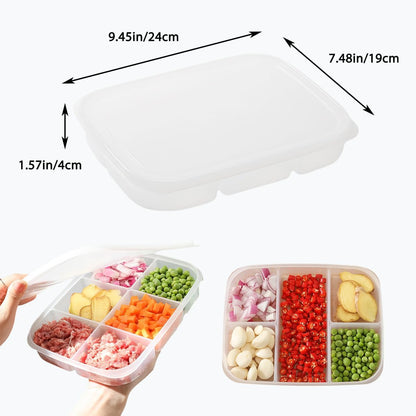 Divided Vegetable Tray with Lid，5 Compartments + 6 Compartments Snack Box - Clear Refrigerator Organizer - Plastic Food Storage Containers for Snacks, Fruits, Vegetables, Salads and Meat（4Pcs