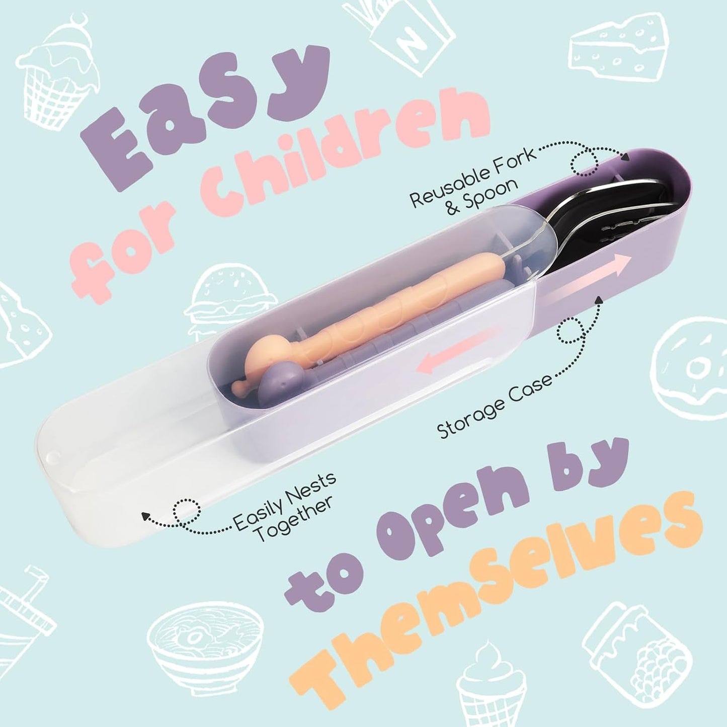 2-Piece Kid Utensils Set, 304 Stainless Steel Kids Fork and Spoon for Self-feeding, Safe Kid Silverware with storage case for School Lunch, Travel & Outdoors, Dishwasher Safe (Purple)