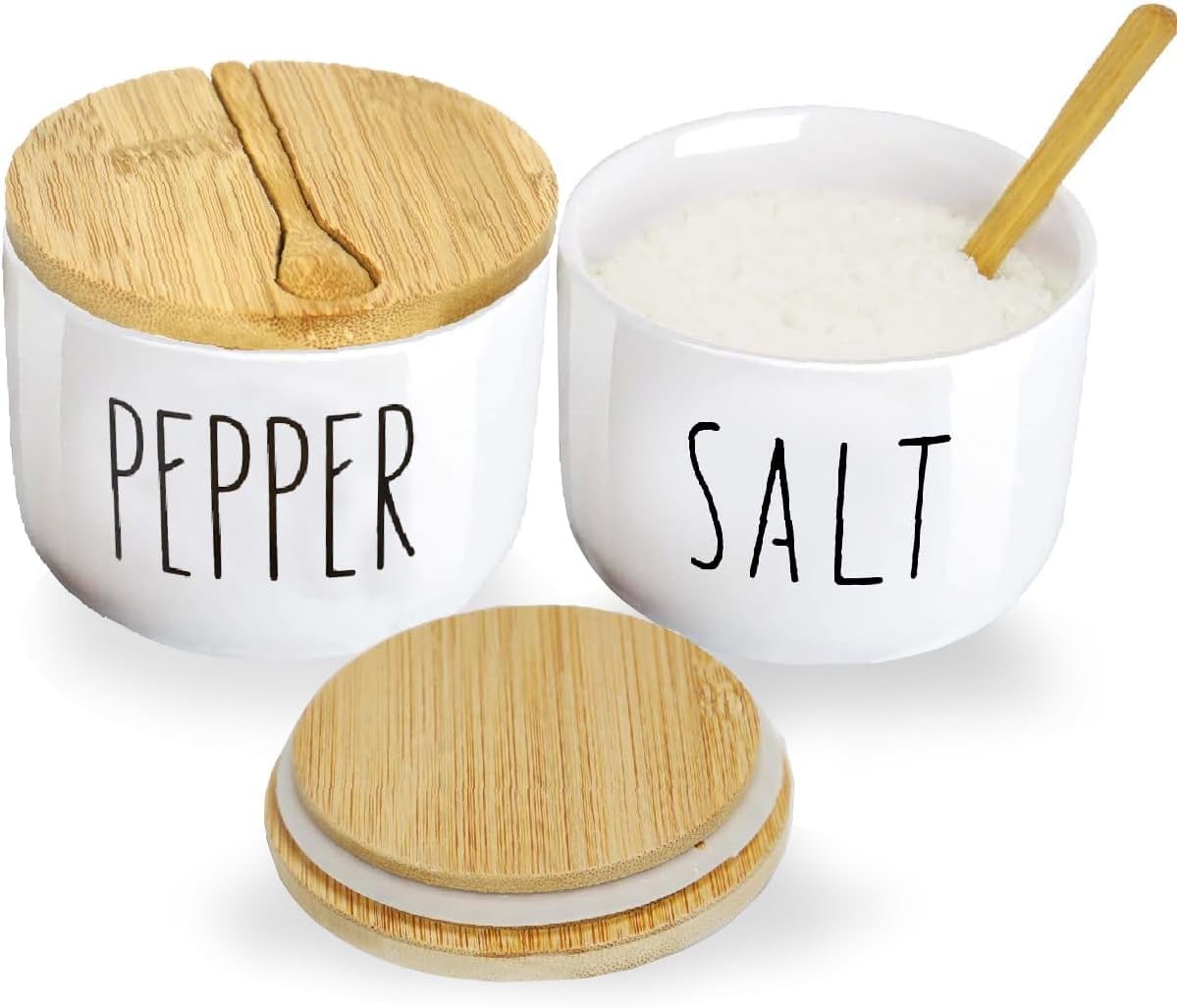 Farmhouse Salt And Pepper Containers,Salt Containers For Countertop,Stacked Ceramic Cellar With Bamboo Lid, Spice Box With Spoon,Seasoning Holder with lid,Ceramic Bowls (B&W H)