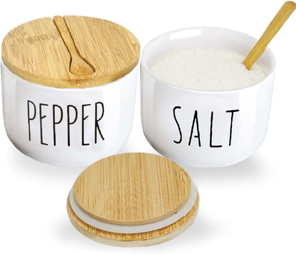 Farmhouse Salt And Pepper Containers,Salt Containers For Countertop,Stacked Ceramic Cellar With Bamboo Lid, Spice Box With Spoon,Seasoning Holder with lid,Ceramic Bowls (B&W H)