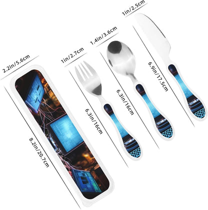 3-Piece Kids Silverware Set With Storage Case, Stainless Steel Reusable Children Safe Knife Spoon Fork Set Blue Active Girl Running Sunset Children Flatware Set For Kids Lunch Box - Colors C