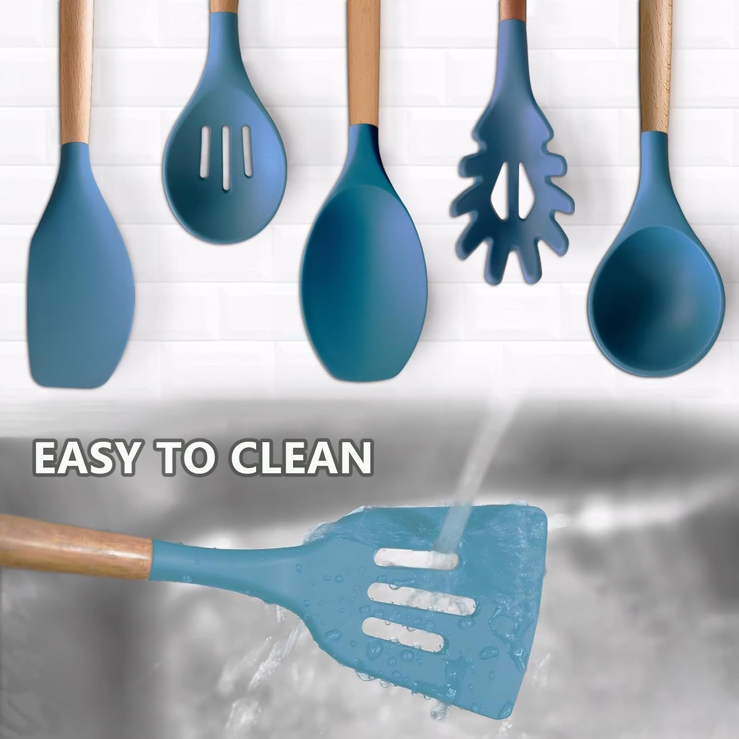 Kitchen Cooking Utensils Set, 6Pcs Silicone Kitchen Utensils Set Spatula Spoon Soup Ladle Turner, Heat Resistant Wooden Handle Silicone Cooking Gadgets for Nonstick Cookware & Baking BPA FREE