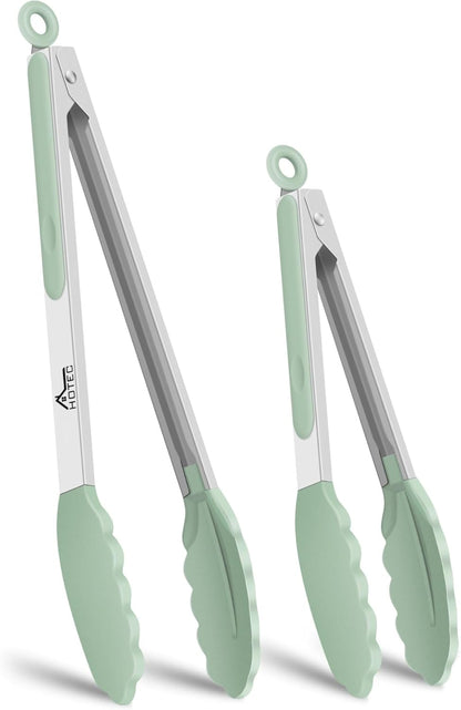 HOTEC Premium Stainless Steel Locking Kitchen Tongs with Silicon Tips, Set of 2-9" and 12"