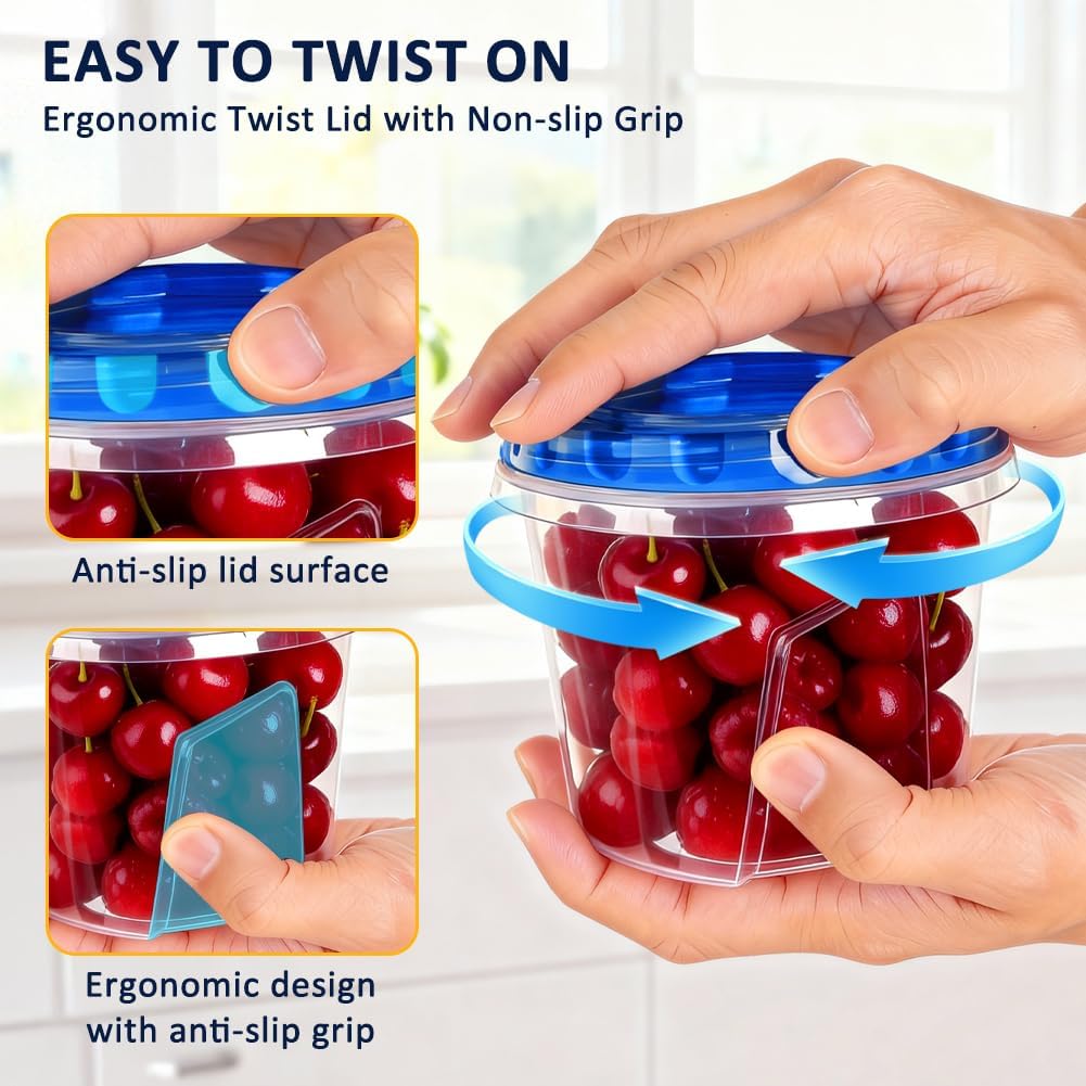 10 Pack 34oz Reusable Freezer Food Storage Containers with Twist Top Lids, Airtight Plastic Meal Prep Food Containers for Leftover Lunch Fruit Salad Oats, Clear Large Soup Container Microwave Safe