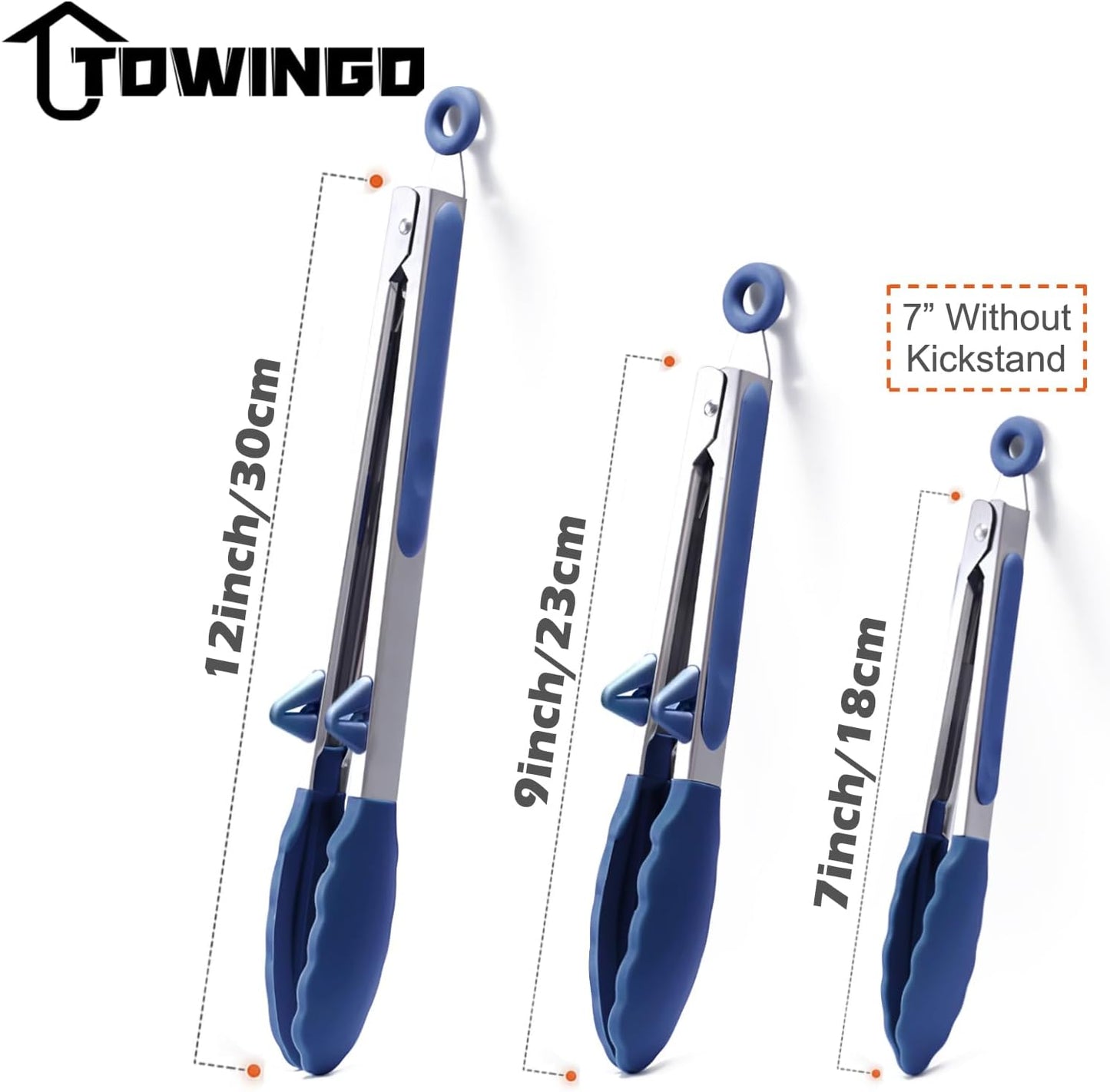 Silicone Tongs for Cooking, 3Pcs Stainless Steel Kitchen Tong with Silicone Tips, Heat Resistant Food Grade Small Serving Tong for BBQ Salad, Blue(7"+9"+12")