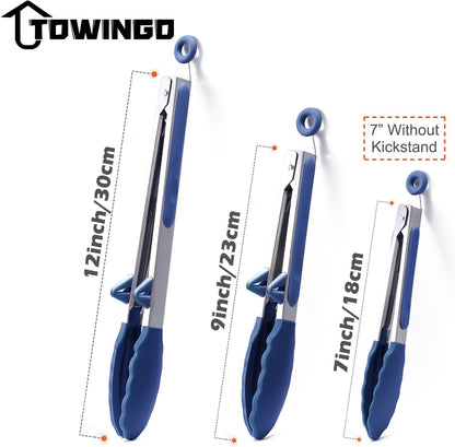 Silicone Tongs for Cooking, 3Pcs Stainless Steel Kitchen Tong with Silicone Tips, Heat Resistant Food Grade Small Serving Tong for BBQ Salad, Blue(7"+9"+12")