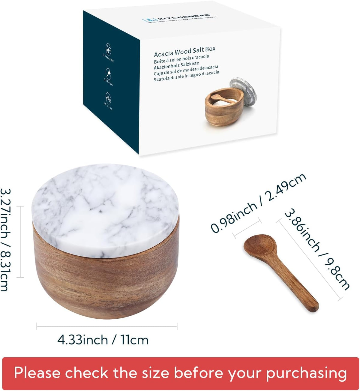 KITCHENDAO Large Acacia Salt Cellar Box Bowl with Built-in Spoon and Marble Lid, Solid Natural Acacia Wood Bath Sea Salt Container, Grey Marble Lid, Pepper Sealer Pinch Bowl, 10oz Capacity