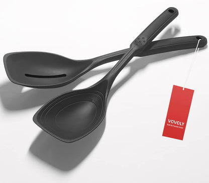 Large Silicone Cooking Spoon, Non-Stick Solid Spoon set with Deep Bolw and Measurement Mark for Mixing, Serving, Draining, Scooping, Scraping, Heat Resistant Kitchen Utensils, Black