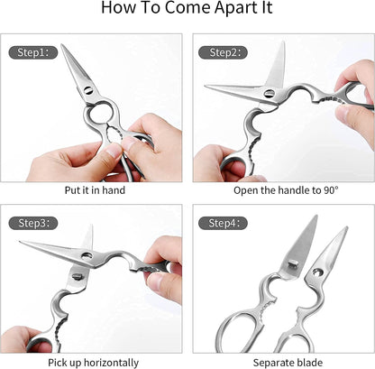Stainless Steel Kitchen Shears Heavy Duty Full-Steel Forged Metal Scissors for Food, Professional Chef Shears Bone Cutting Meat Pizza Scissors Kitchen Utensils Come Apart, Silver