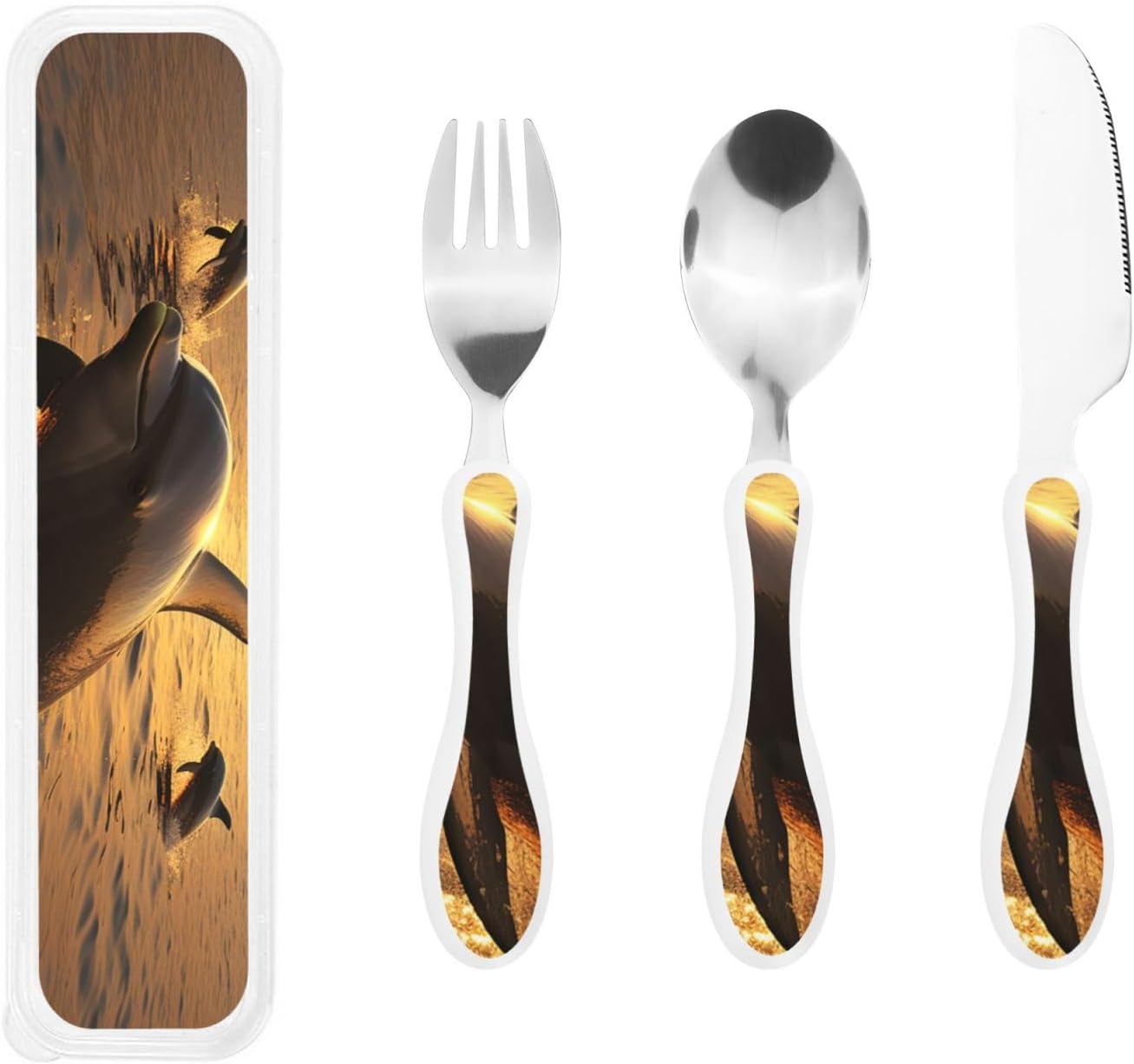 3-Piece Kids Silverware Set With Storage Case, Stainless Steel Reusable Children Safe Knife Spoon Fork Set Tropical Sunset Seaside Children Flatware Set For Kids Lunch Box