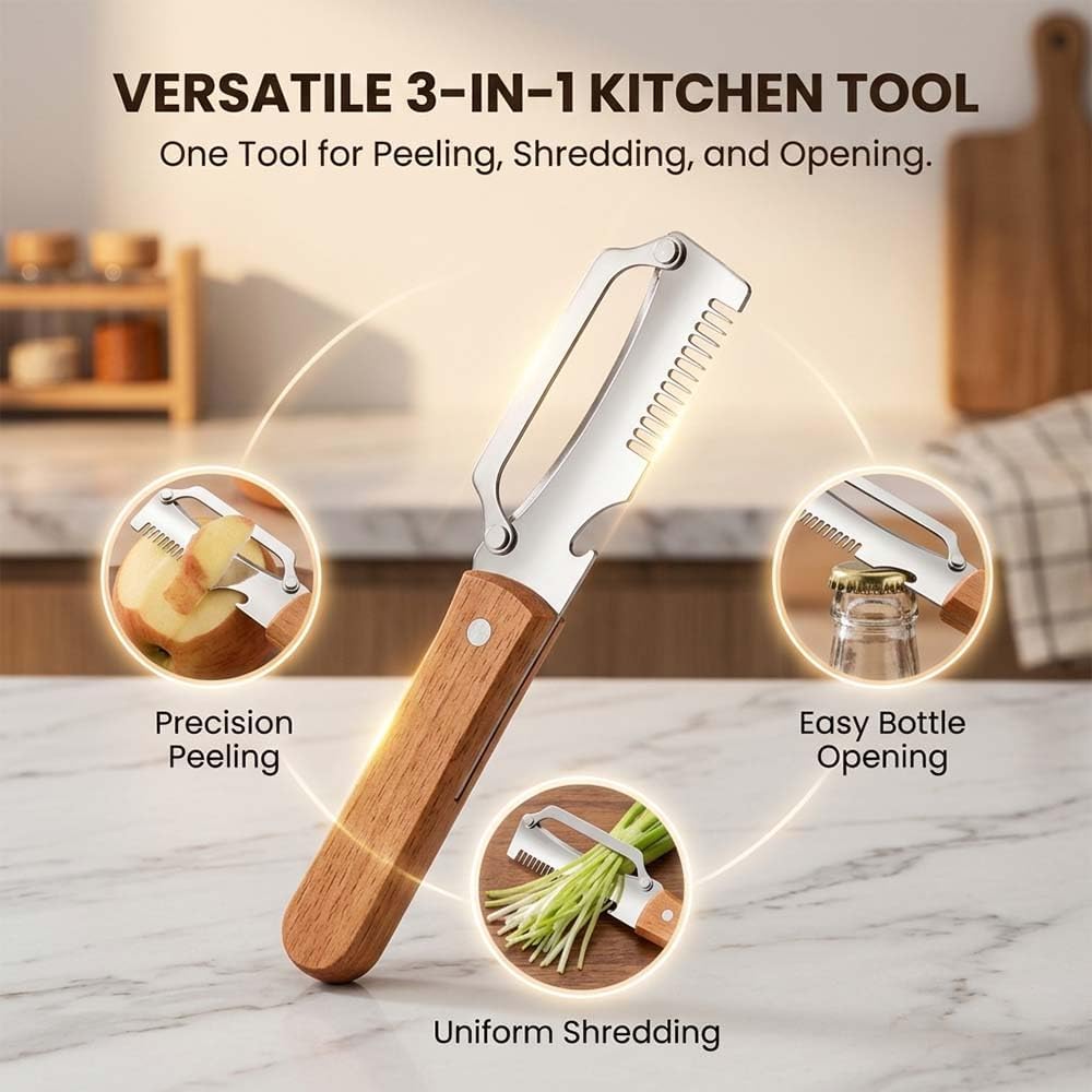 Multi-Functional Vegetable Peeler with Julienne Slicer & Bottle Opener, Stainless Steel Blade & Wooden Handle, Ergonomic Kitchen Tool for Peeling, Slicing & Shredding Fruits & Veggies (Style-A, 1PC)