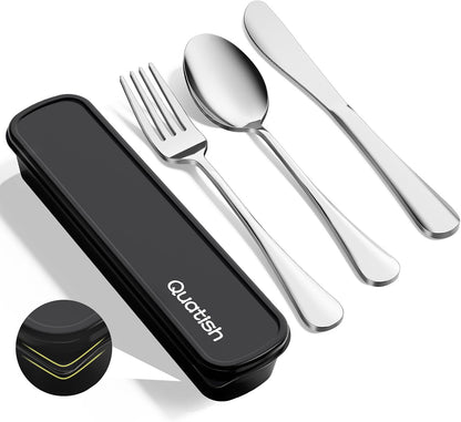 Travel Utensils with Case, Quatish 4 Piece Stainless Steel Silverware Set for Work, Portable Reusable Travel Cutlery Set, Fork and Spoon Set for Picnic, Camping, Gadgets, Lunch Box for Men, Rainbow