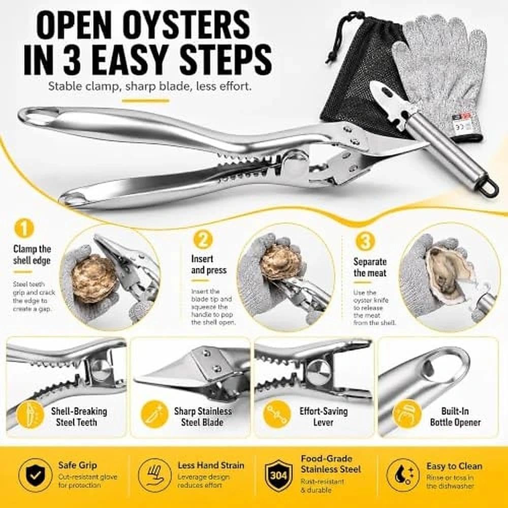 5 Pcs Oyster Shucker Machine 2026 New Oyster Opener Kit Professional Stainless Steel Clamp with 2 Knives Cut Resistant Glove Mesh Bag Helps Keep Juice for Seafood BBQ Camping Kitchen