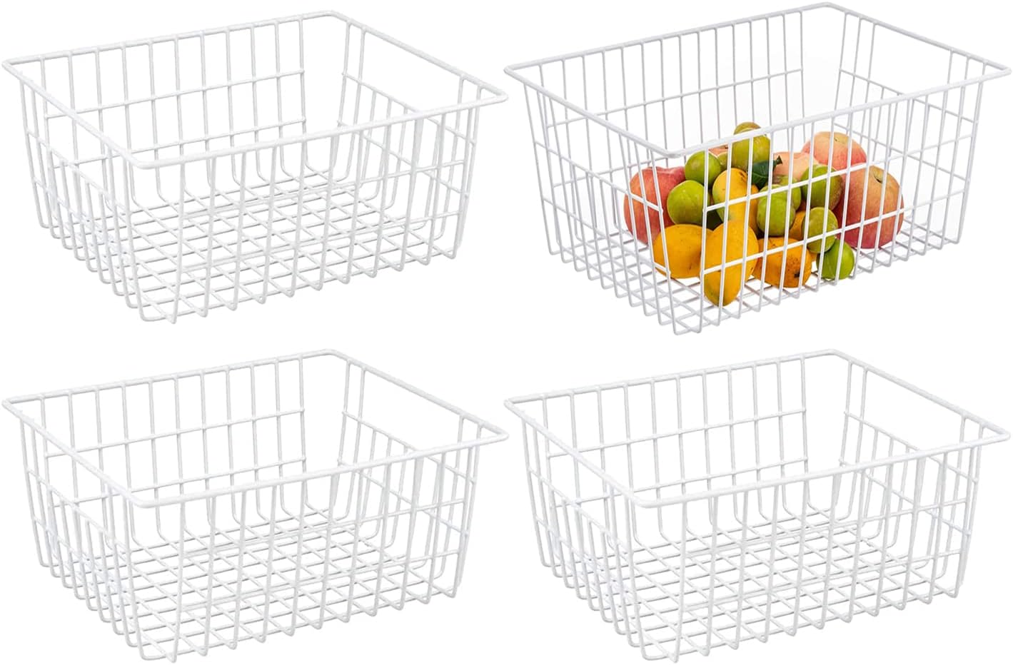 Redrubbit Wire Storage Baskets, Large Farmhouse Metal Freezer Basket Storage Organizer Bins with Handles for Kitchen Cabinets, Pantry, Closets, Bedrooms, Bathrooms, Set of 6, White