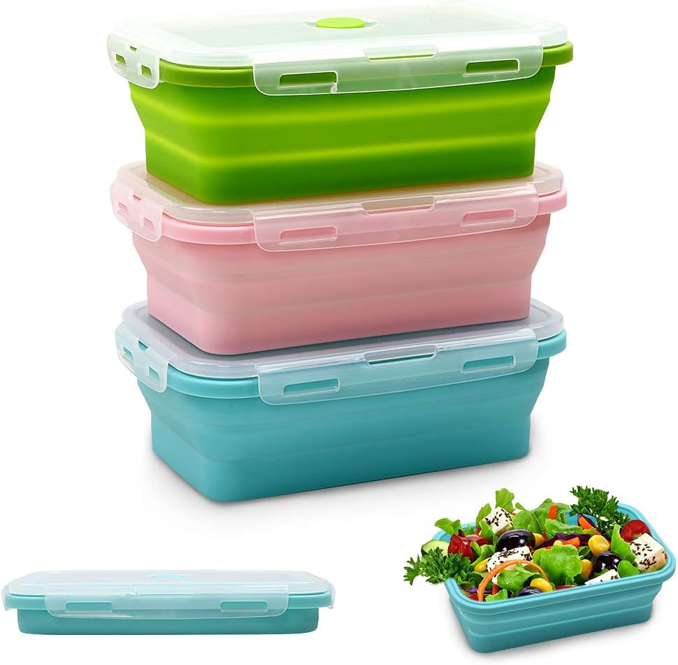 Alimat PluS 40.5oz Silicone Collapsible Food Storage Containers with Lids, 3 Pack Set 1200ml Folding Large Meal Prep Lunch Containers, Microwave, Freezer and Dishwasher Safe