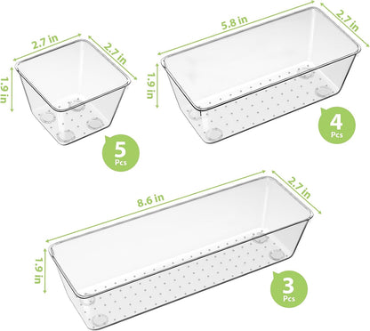 12 Pack Clear Drawer Organizer Set, 3 Sizes Bathroom Vanity Organizer Trays | Vanity and Makeup Organizer | Bathroom Organizer Trays | Storage Bins For Makeup | Cosmetics | Jewelry | Gadgets
