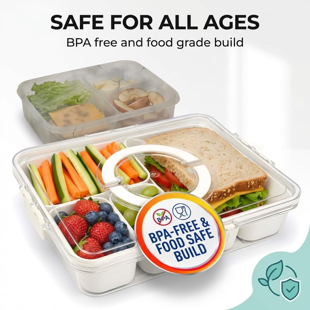 Dishwasher Safe Snackle Box Container 11 Removable Compartments - Divided Serving Tray with Lid and Handle - Portable Snack Box BPA Free - Premium PCTG Plastic Beach Snack Containers
