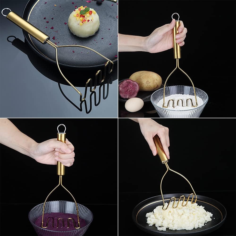 Potato Masher, Stainless Steel Heavy Duty Metal Potato Ricer With Mirror Polish, Food Masher Utensil, Hand Masher, Vegetables Fruits Mashe, Dishwasher Safe (9.6 Inch)