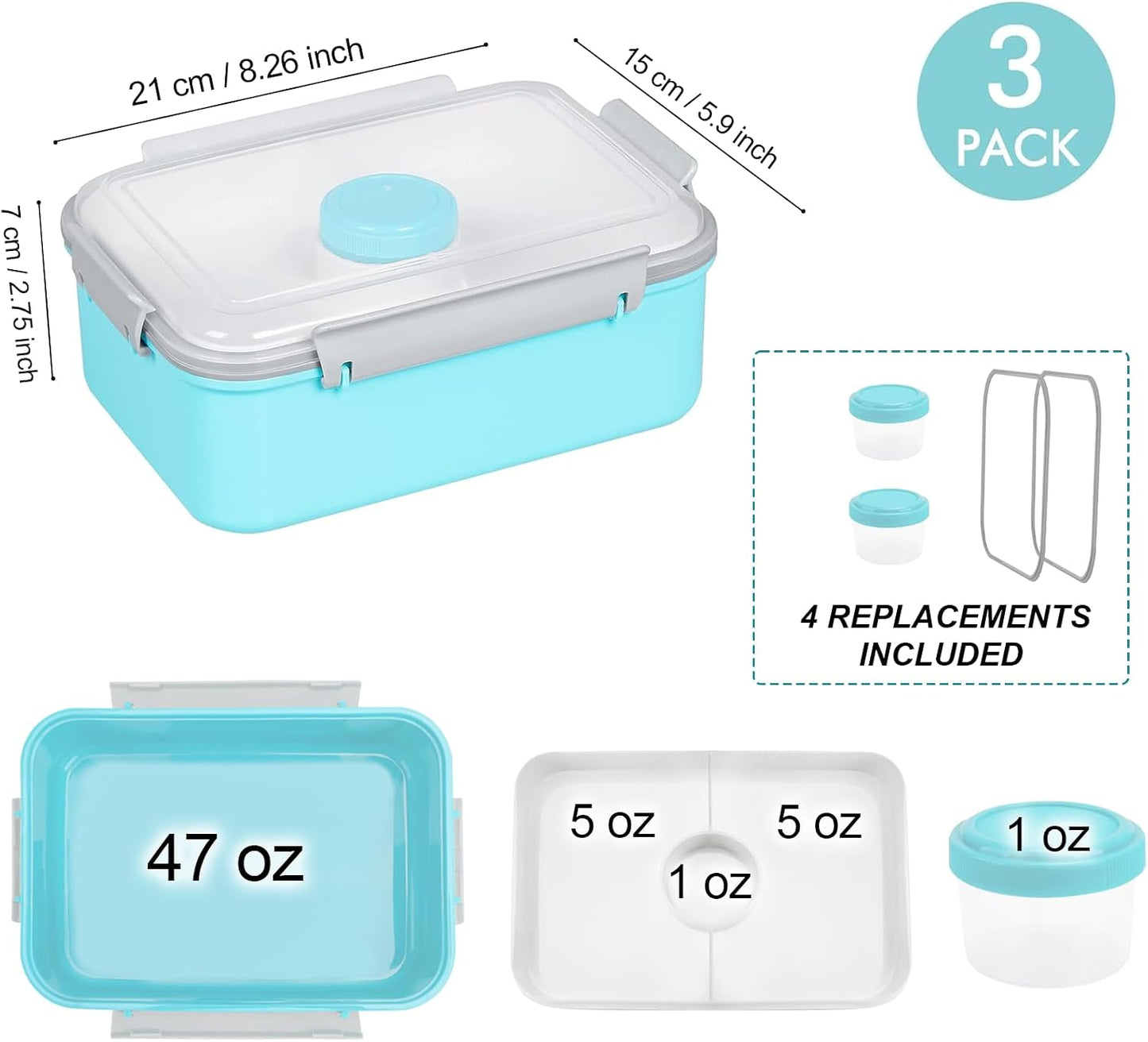 3 Pack Salad Lunch Box Food Storage Containers, 47oz Bento Box To Go Container with Lids, Reusable Meal Prep Containers with Removable Tray & Dressing Pots for Kids and Adults, Microwave Safe