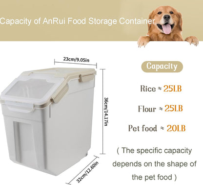 AnRui Airtight Flour Storage Container 25lb, Plastic Grain Storage Bucket, Rice Cereal Dispenser Organizer Box with Lid, Cat Dog Food Storage Bin with Measuring Cup, Scoop, Wheels, 2Pcs Green