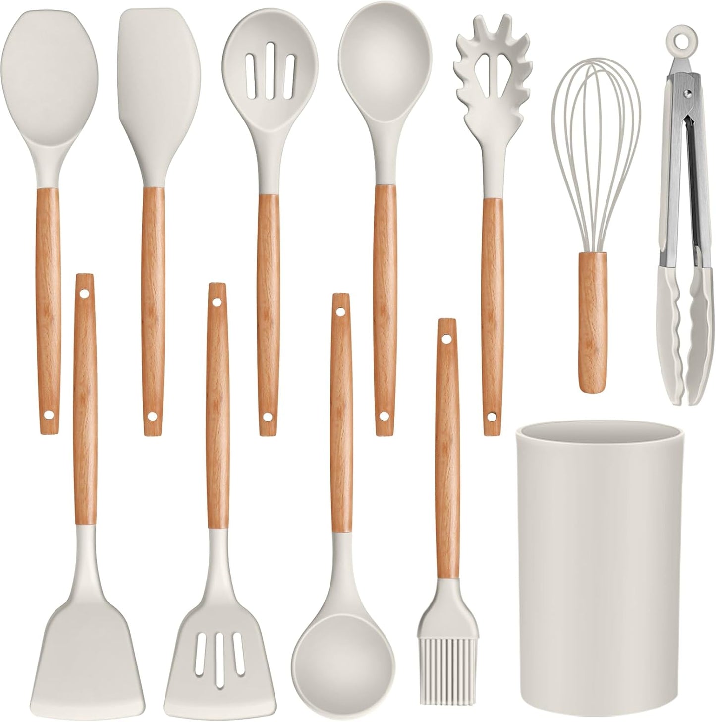P&P CHEF Silicone Cooking Utensils Set, 12PCS Kitchen Utensils Set with Wooden Handle for Nonstick Cookware, Ladle, Spoon, Spatula, Tong, Heat-resistant & Non-scratch, Non Smell & Healthy, Khaki