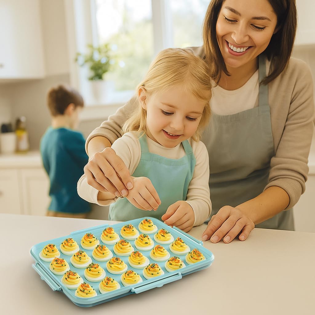 Deviled Egg Containers with Lid - Reusable Platter 2 Pack 48 Count Storage Tray with Handle for Potlucks, Tea Parties, Party, Thanksgiving, Picnics, Refrigerator, Christmas, Easter, Brunches (Blue)