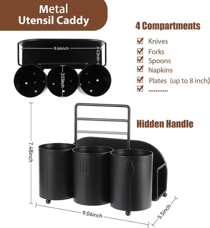 NelyBet Utensil Caddy Silverware Holder Fork Spoon Napkin Paper Plate Organizer Metal Utensil Holder Cutlery Flatware Organizers for Party Kitchen Countertop Camping Picnic - Black Mesh
