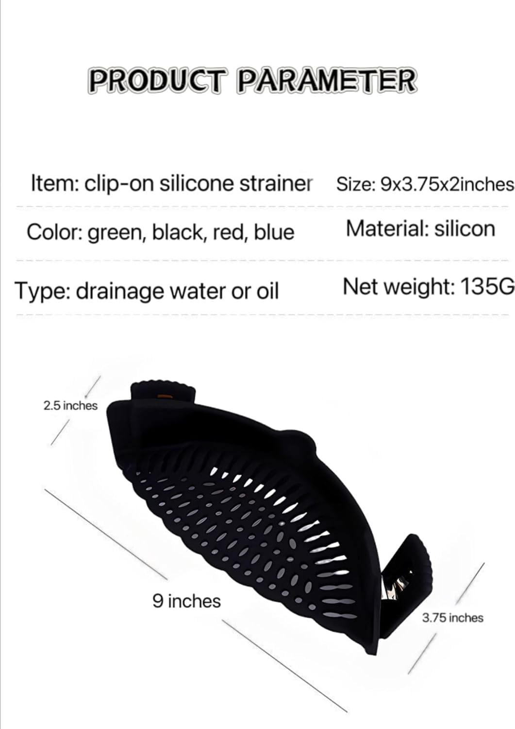 Clip On Strainer Silicone for All Pots and Pans, Pasta Strainer Clip on Food Strainer for Meat Vegetables Fruit Silicone Kitchen Colander (Black)