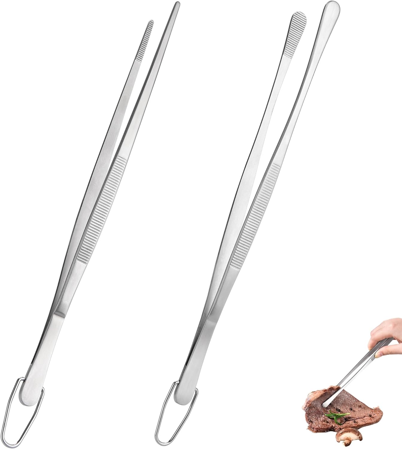 U-Taste 8"+10"+12" Kitchen Cooking Tweezer: 18/8 Stainless Steel Food-Grade Metal Food Tong, Flexible Pinching, Seamless-Welding and Sturdy for Serving Grilling Frying, Plating, Feeding (Pointed Tip)