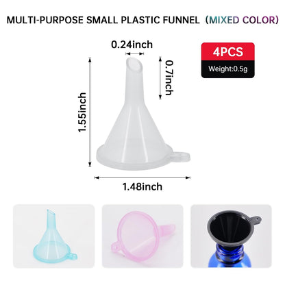 Mini Funnel 4-Pack for Lab Bottles, Sand Art, Perfume, Spice, Powder, Essential Oil, Recreational, Kitchen Food Grade Small Plastic (4colors)