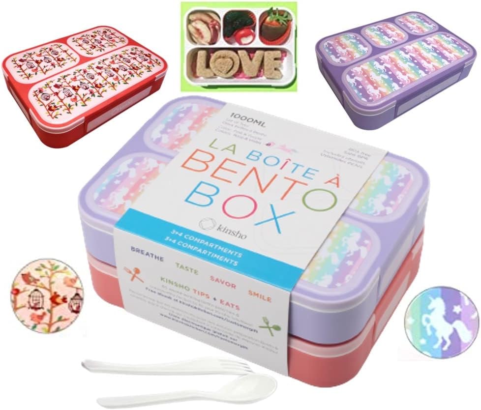 Bento Lunch Box for Kids or Adults, Snack Containers for Boys, Girls, School Daycare Work, 3 Divided Compartments Meal Planning Portion Control, BPA-Free Boxes, Utensils | Blue Purple 2 pack