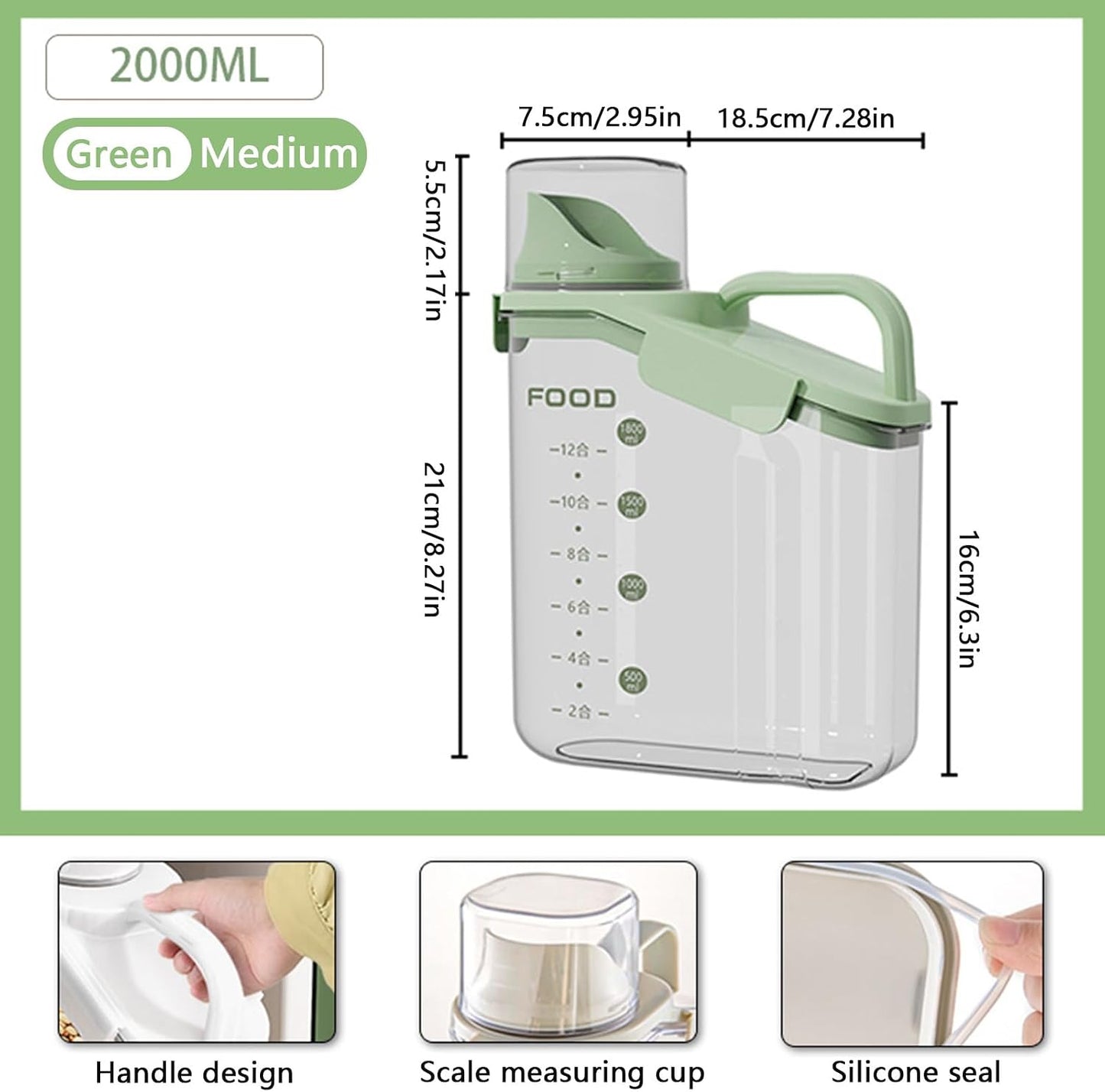 Cereal Containers Dispenser Rice Storage Container Clear Food Storage Containers Measuring Cup Pour Spout With Lids Airtight For Kitchen Grain Dry Food Pet Dog Food Organization（Green 2L）