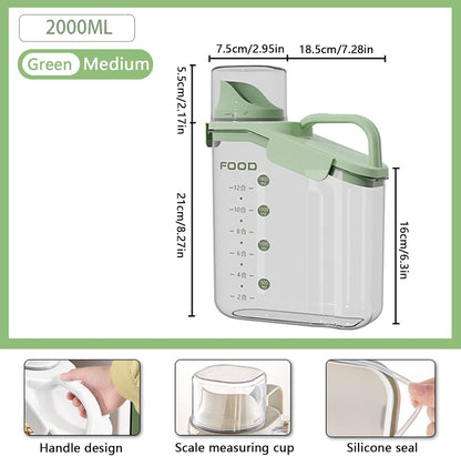 Cereal Containers Dispenser Rice Storage Container Clear Food Storage Containers Measuring Cup Pour Spout With Lids Airtight For Kitchen Grain Dry Food Pet Dog Food Organization（Green 2L）