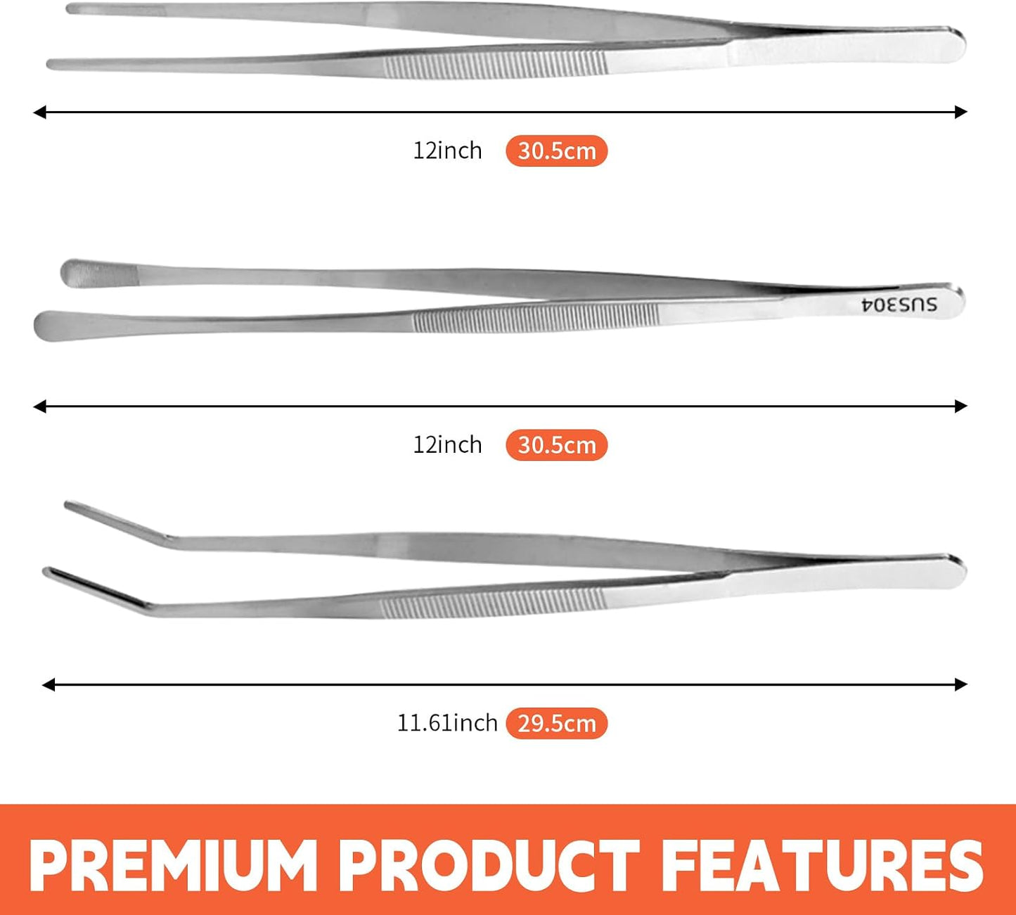 3PCS Kitchen Tweezers Tongs Set, 12 Inch Stainless Steel Cooking Tweezers with Precision Serrated Tips, Chef Plating Tongs for BBQ, Pasta, Meat, Garnishing, Serving and Culinary Cooking