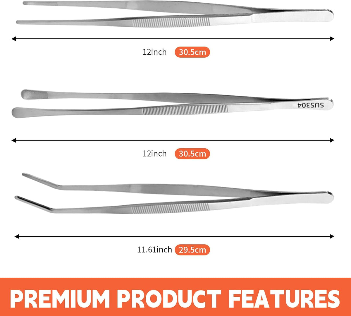 3PCS Kitchen Tweezers Set, 12 Inch Stainless Steel Cooking Tongs | Precision Grip Tips Heat Safe Long Reach Rust Resistant Stainless Steel for Cooking Plating BBQ and Food Preparation