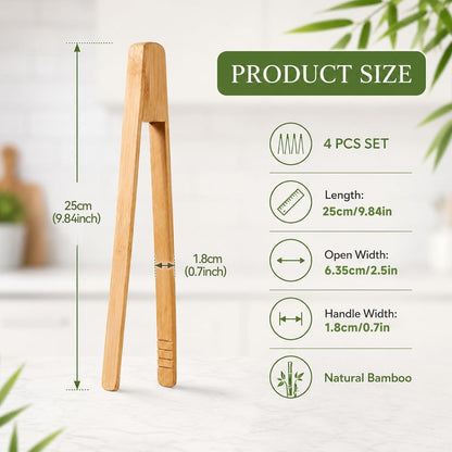 4PCS Wooden Toaster Tongs with Anti-slip Design, Natural Bamboo Tong for Toaster Toasters Tongs 10" Heat-resistant Reusable for Toasters, Bagels, Pastries, and Salads BBQ & Grilling Cooking & Serving