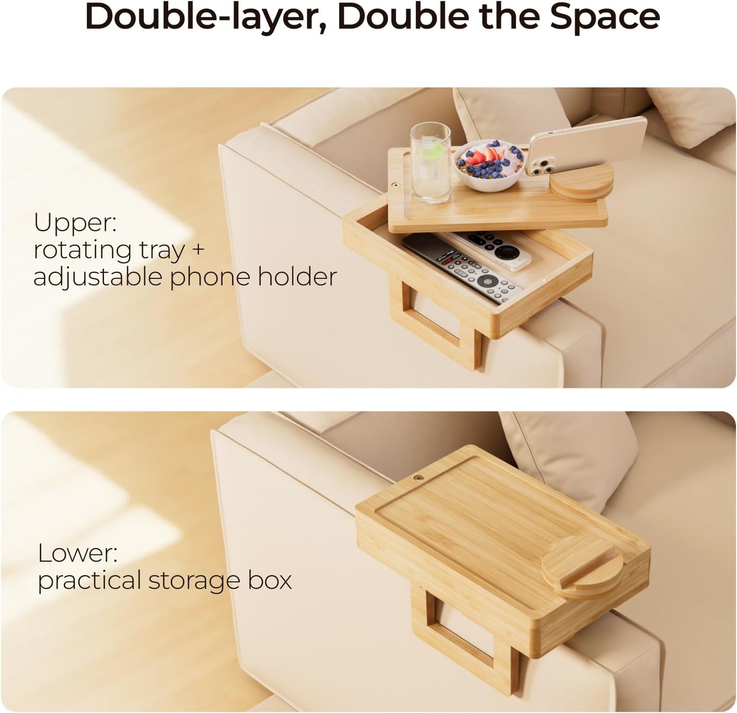 Wealone Mini Black Couch Arm Table for Narrow Armrest, Sofa Arm Tray with Storage Box, Rotating Tabletop & Phone Stand, Adjustable Sofa Arm Table Clip for Snacks or Dining, Width of Armrest 1-7 Inch