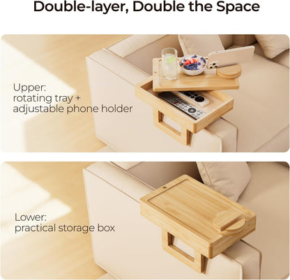 Wealone Mini Black Couch Arm Table for Narrow Armrest, Sofa Arm Tray with Storage Box, Rotating Tabletop & Phone Stand, Adjustable Sofa Arm Table Clip for Snacks or Dining, Width of Armrest 1-7 Inch